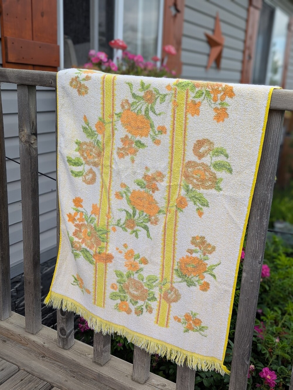 VTG Mid Century Floral Striped Small Towel Cheerful Flowers Bohemian Upcycled